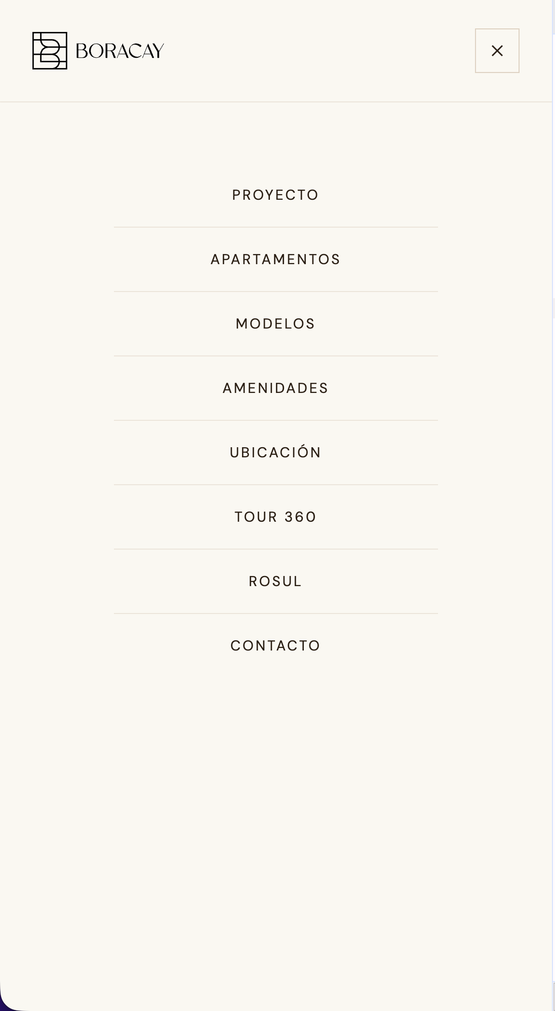 Boracay mobile: full-screen navigation menu