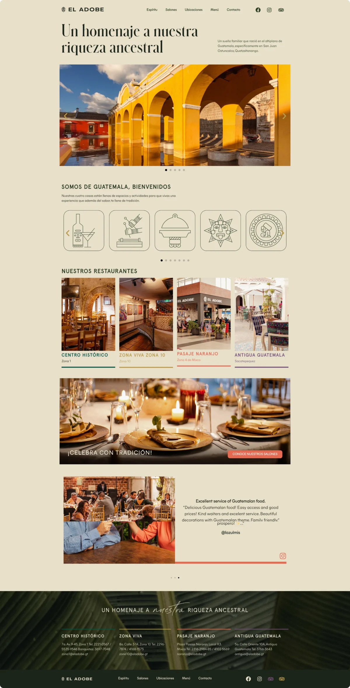 eladobe.gt on desktop: Un homenaje a nuestra riqueza ancestral, with the Antigua arch carousel