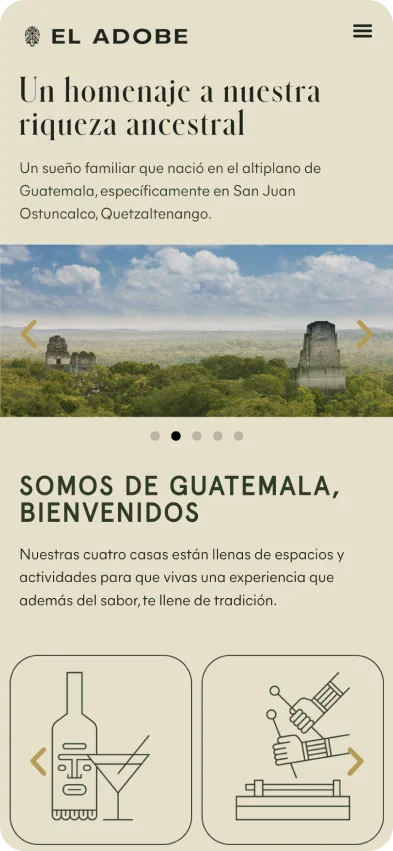 Mobile: Un homenaje a nuestra riqueza ancestral, with Tikal carousel and illustrated experience cards