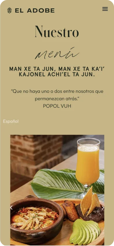 Mobile: Nuestro menú, with a Popol Vuh quote in K’iche’, language switch and dish carousel
