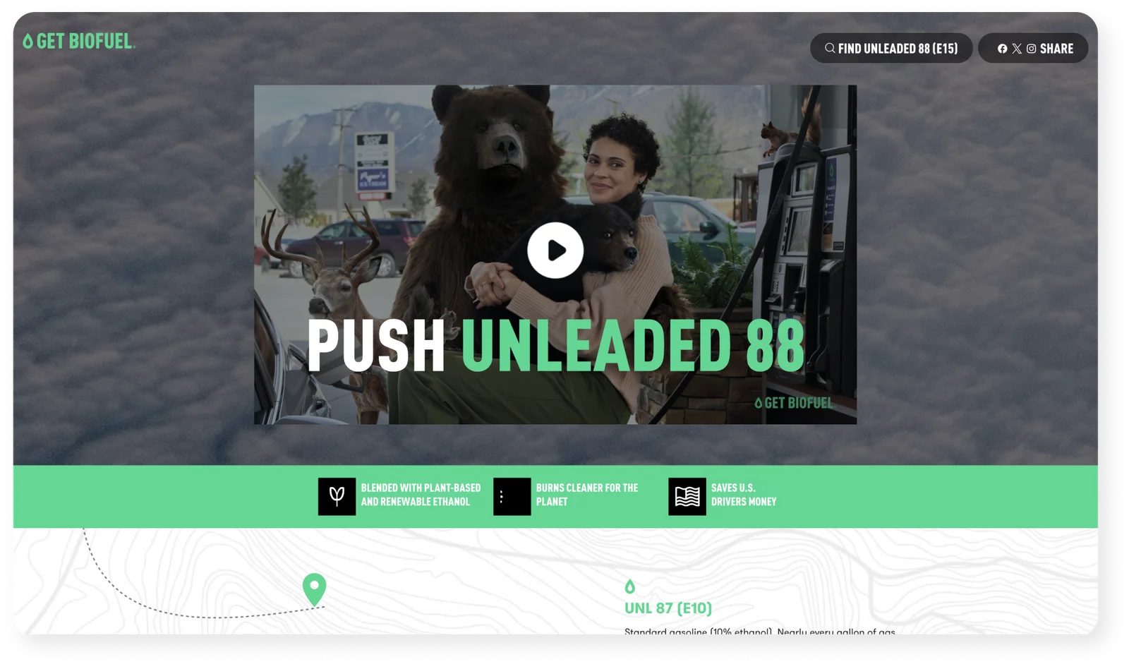 Get Biofuel campaign site on desktop: video hero with the Push Unleaded 88 headline