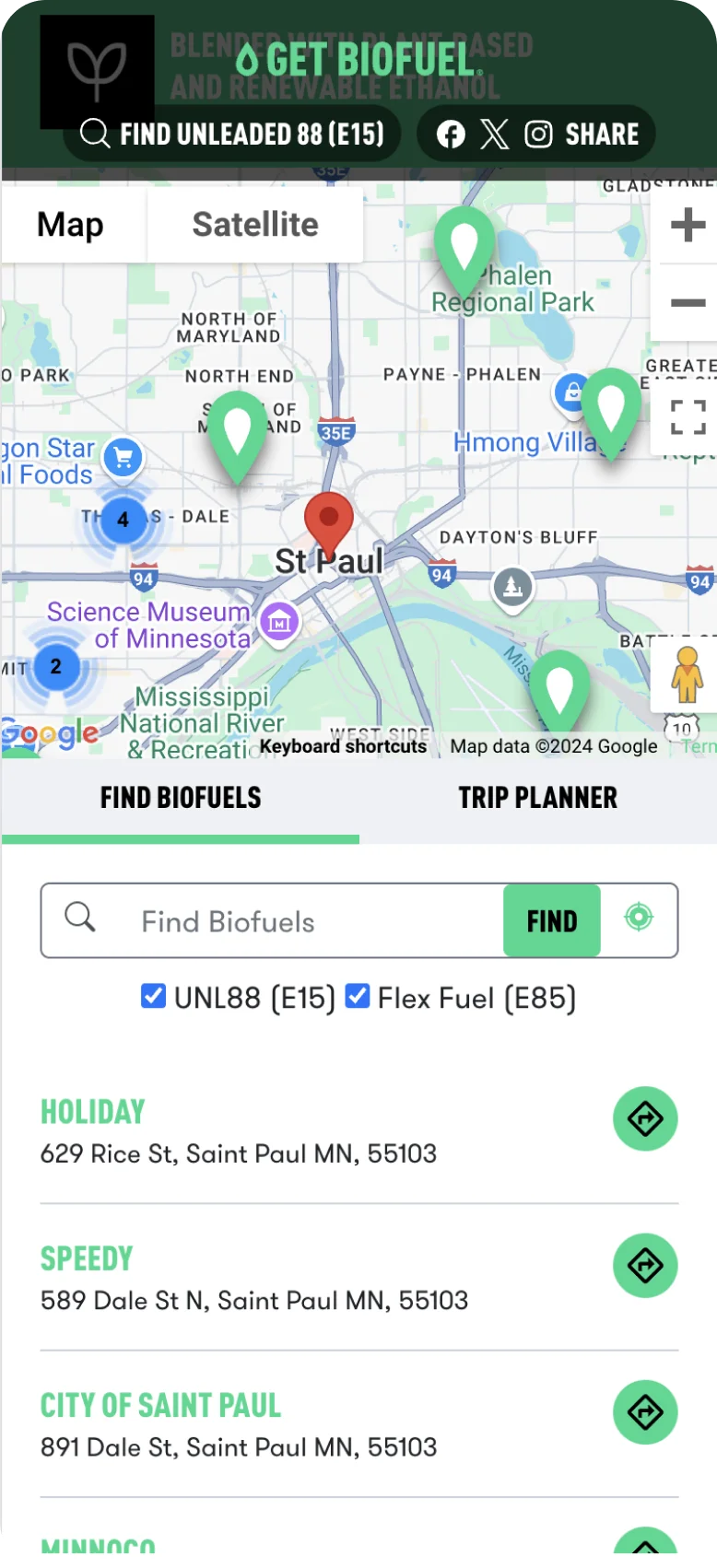 Get Biofuel station finder on mobile: map with station pins, fuel filters and a list of nearby stations