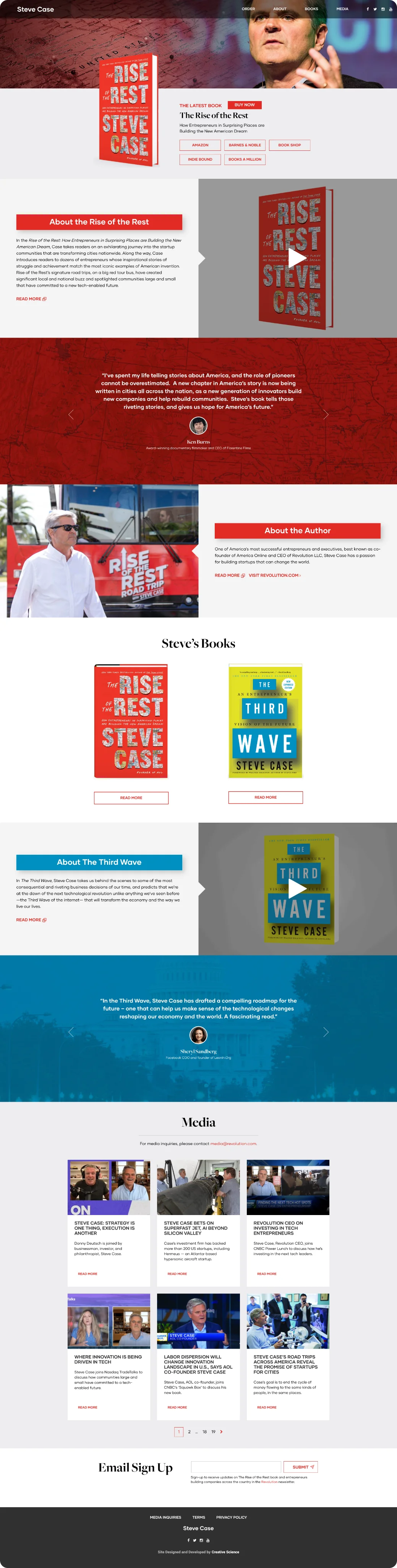 Full stevecase.com homepage: latest book with retailer links, book details with video, endorsements, about the author, books, media archive and newsletter signup