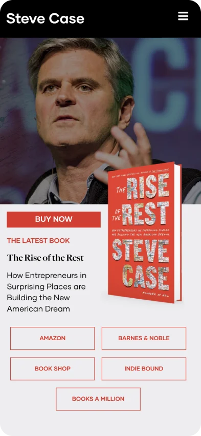 stevecase.com on mobile: The Rise of the Rest with retailer buttons