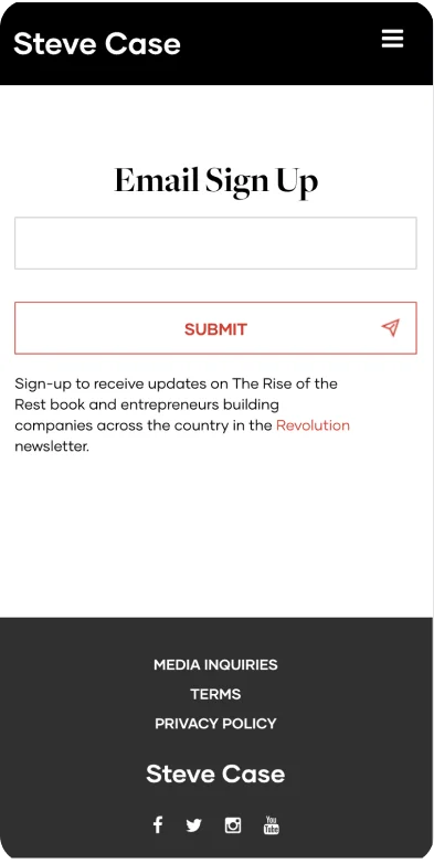 Mobile: email sign-up for the Revolution newsletter and footer